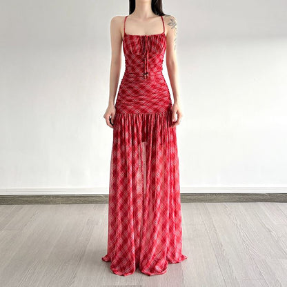Spaghetti Strap Plaid Ruched Mesh Maxi A-Line Dress