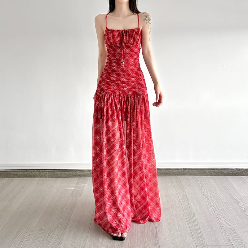 Spaghetti Strap Plaid Ruched Mesh Maxi A-Line Dress