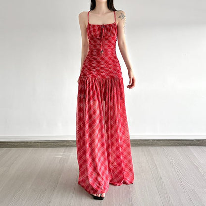 Spaghetti Strap Plaid Ruched Mesh Maxi A-Line Dress