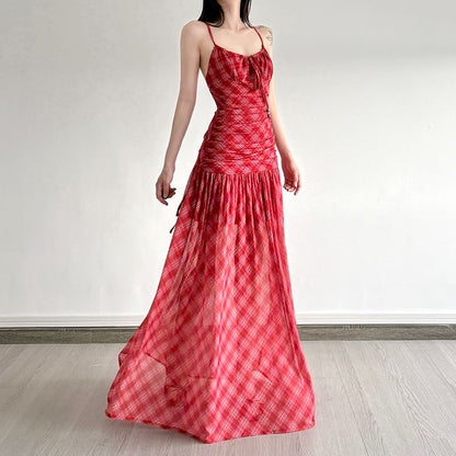 Spaghetti Strap Plaid Ruched Mesh Maxi A-Line Dress