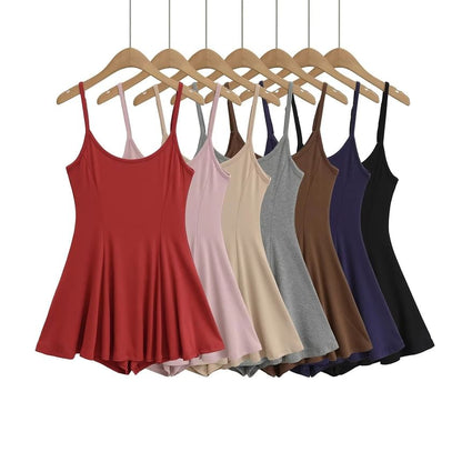 Set: Spaghetti Strap Scoop Neck Plain Mini A-Line Dress + Hot Pants