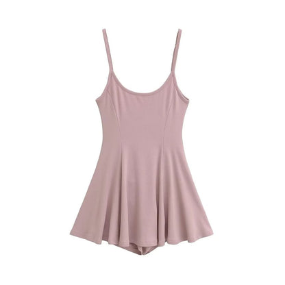 Set: Spaghetti Strap Scoop Neck Plain Mini A-Line Dress + Hot Pants