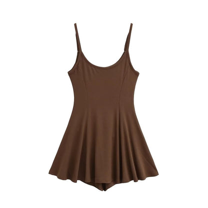 Set: Spaghetti Strap Scoop Neck Plain Mini A-Line Dress + Hot Pants