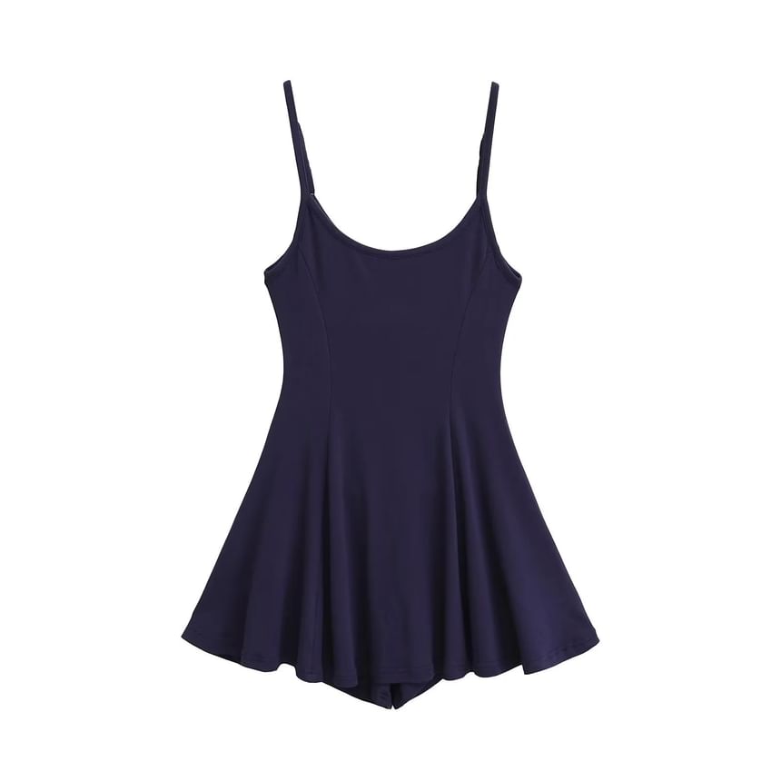 Set: Spaghetti Strap Scoop Neck Plain Mini A-Line Dress + Hot Pants