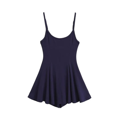 Set: Spaghetti Strap Scoop Neck Plain Mini A-Line Dress + Hot Pants