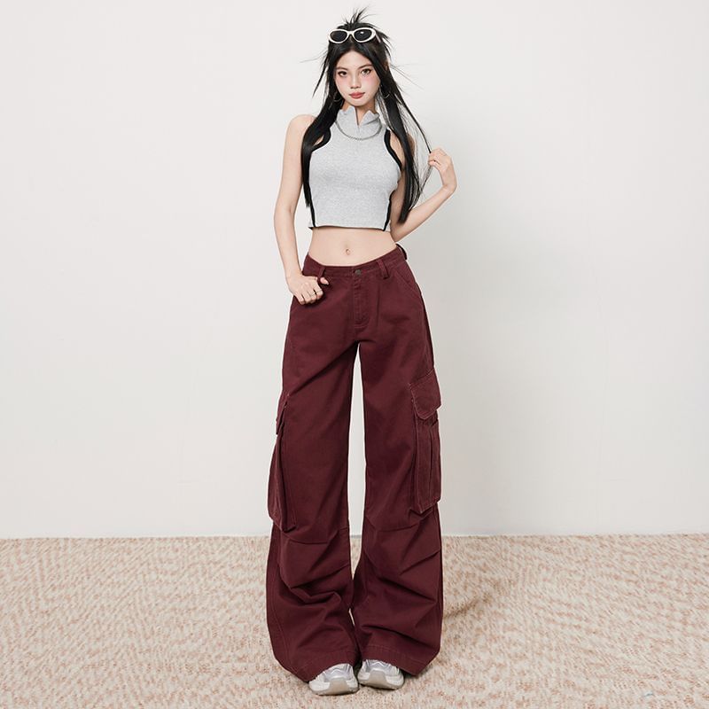 High Rise Plain Wide Leg Cargo Pants (Various Designs)