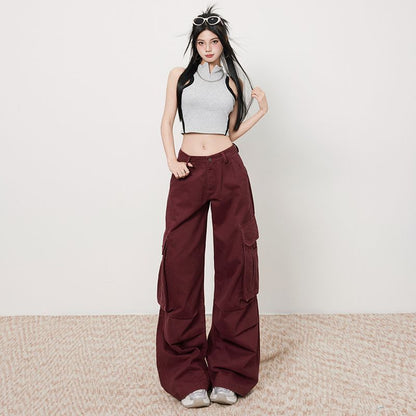 High Rise Plain Wide Leg Cargo Pants (Various Designs)