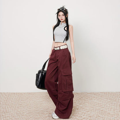 High Rise Plain Wide Leg Cargo Pants (Various Designs)