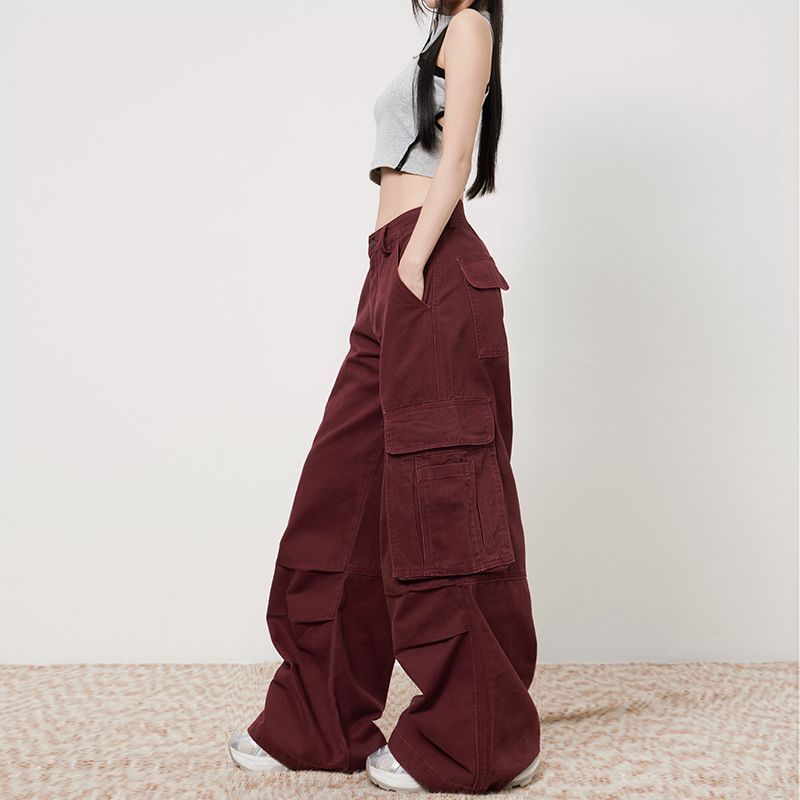 High Rise Plain Wide Leg Cargo Pants (Various Designs)