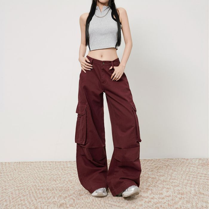 High Rise Plain Wide Leg Cargo Pants (Various Designs)