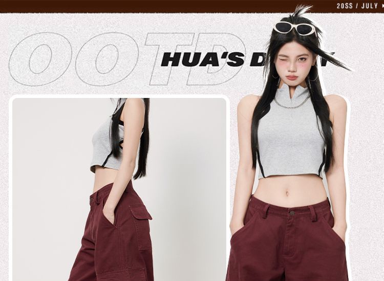 High Rise Plain Wide Leg Cargo Pants (Various Designs)