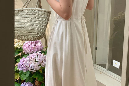 Spaghetti Strap Square Neck Plain Pleated Midi A-Line Dress