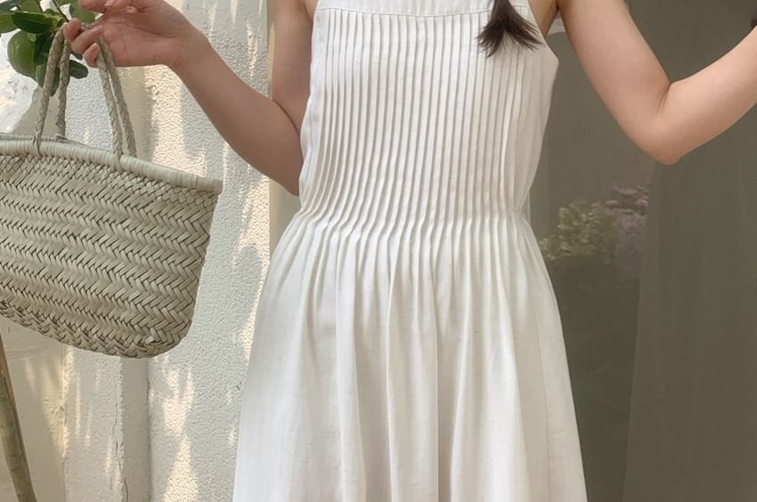 Spaghetti Strap Square Neck Plain Pleated Midi A-Line Dress