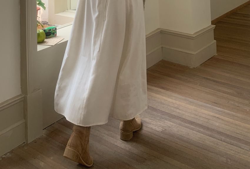 Spaghetti Strap Square Neck Plain Pleated Midi A-Line Dress