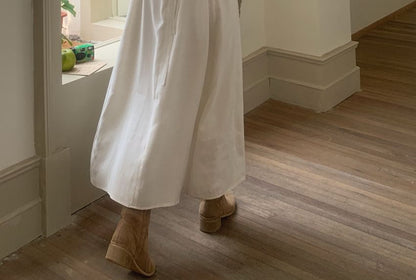 Spaghetti Strap Square Neck Plain Pleated Midi A-Line Dress