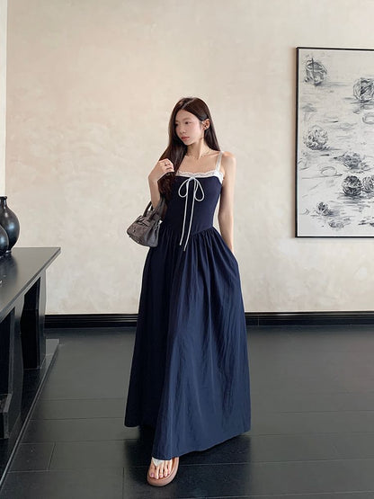 Spaghetti Strap Square Neck Plain Lace Trim A-Line Dress (Various Designs)
