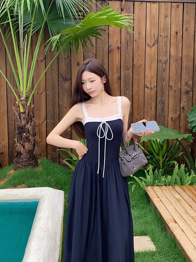Spaghetti Strap Square Neck Plain Lace Trim A-Line Dress (Various Designs)