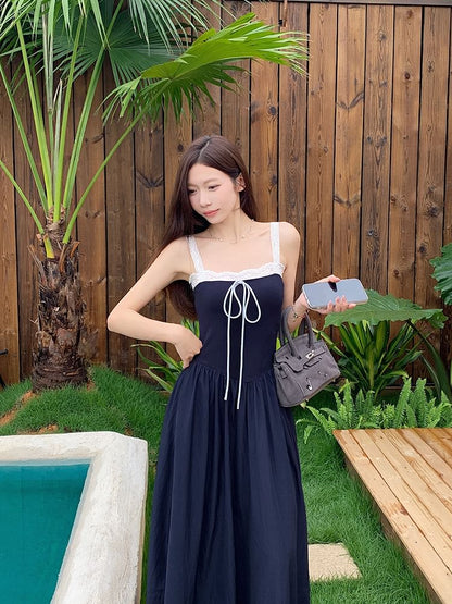 Spaghetti Strap Square Neck Plain Lace Trim A-Line Dress (Various Designs)