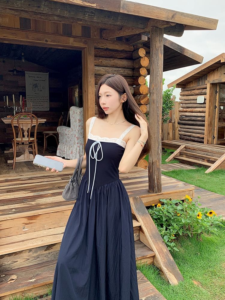 Spaghetti Strap Square Neck Plain Lace Trim A-Line Dress (Various Designs)