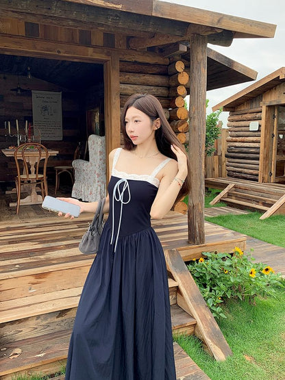 Spaghetti Strap Square Neck Plain Lace Trim A-Line Dress (Various Designs)