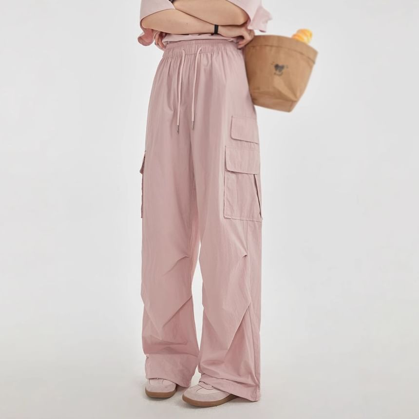 High Rise Plain Pocket Loose-Fit Wide-Leg Cargo Pants