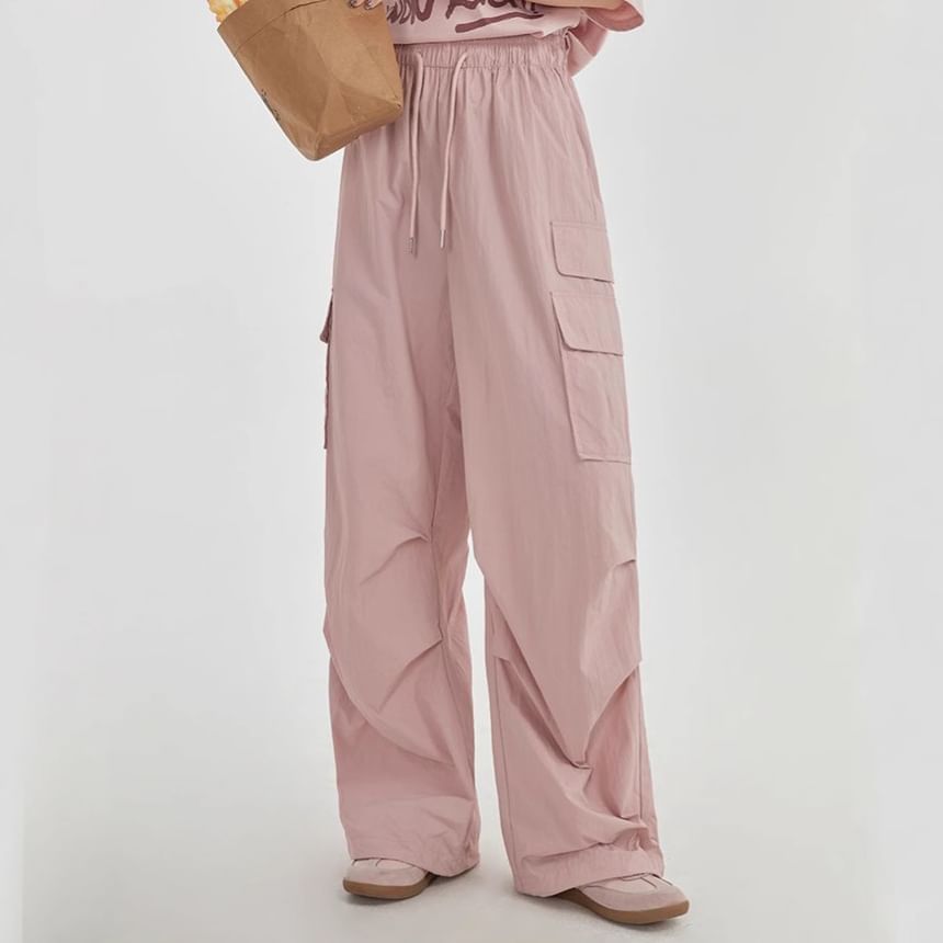 High Rise Plain Pocket Loose-Fit Wide-Leg Cargo Pants