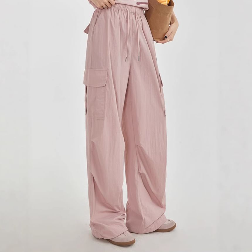 High Rise Plain Pocket Loose-Fit Wide-Leg Cargo Pants