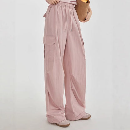 High Rise Plain Pocket Loose-Fit Wide-Leg Cargo Pants
