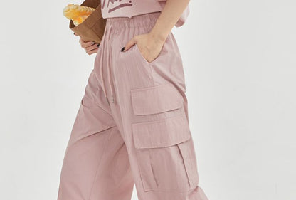 High Rise Plain Pocket Loose-Fit Wide-Leg Cargo Pants