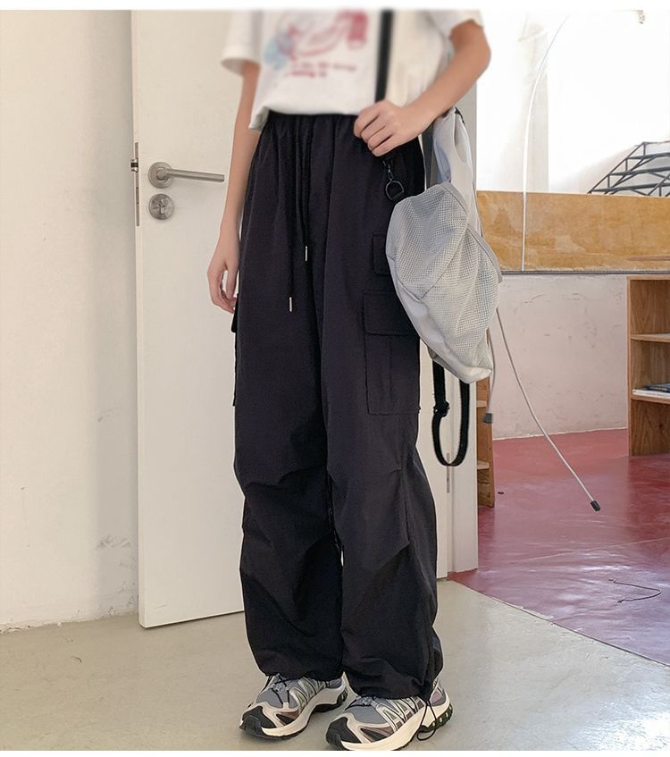 High Rise Plain Pocket Loose-Fit Wide-Leg Cargo Pants