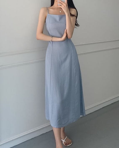 Spaghetti Strap Square Neck Plain Tie Waist Midi A-Line Dress