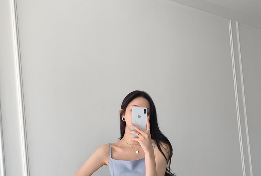 Spaghetti Strap Square Neck Plain Tie Waist Midi A-Line Dress