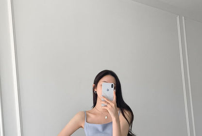 Spaghetti Strap Square Neck Plain Tie Waist Midi A-Line Dress