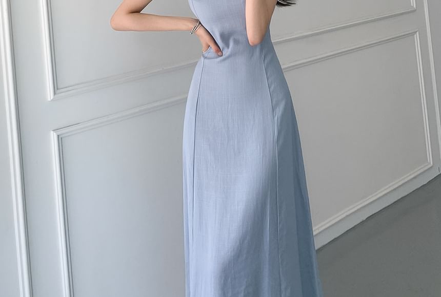 Spaghetti Strap Square Neck Plain Tie Waist Midi A-Line Dress