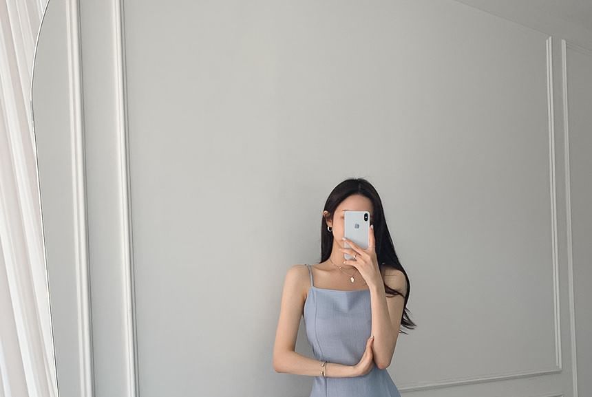 Spaghetti Strap Square Neck Plain Tie Waist Midi A-Line Dress