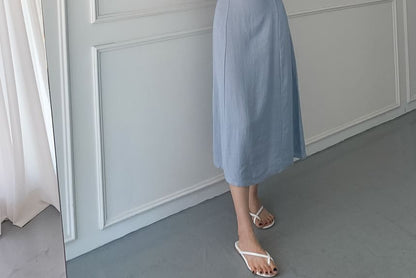 Spaghetti Strap Square Neck Plain Tie Waist Midi A-Line Dress