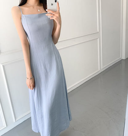 Spaghetti Strap Square Neck Plain Tie Waist Midi A-Line Dress