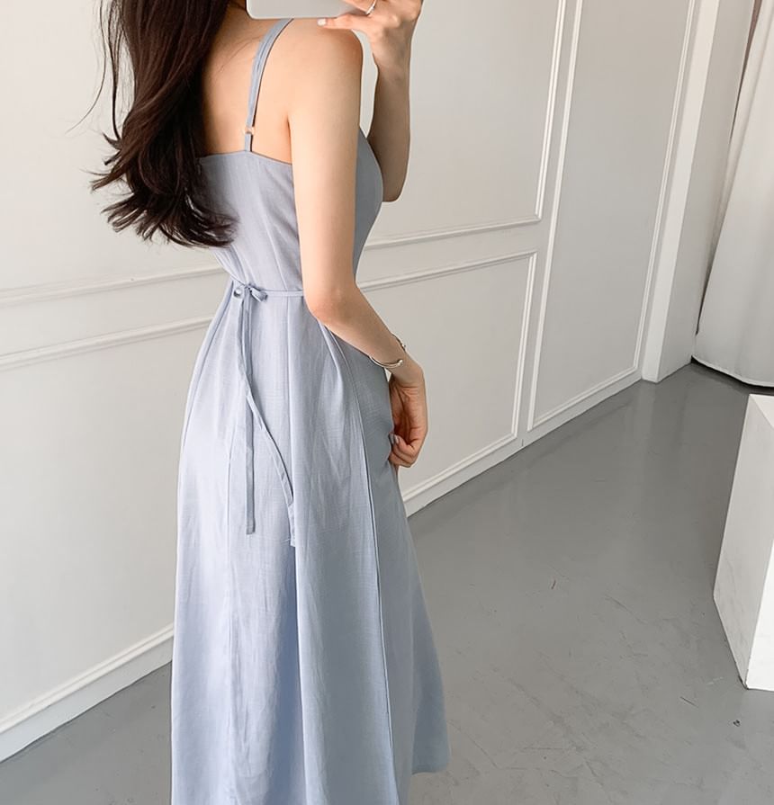 Spaghetti Strap Square Neck Plain Tie Waist Midi A-Line Dress