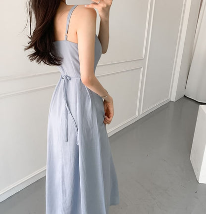Spaghetti Strap Square Neck Plain Tie Waist Midi A-Line Dress
