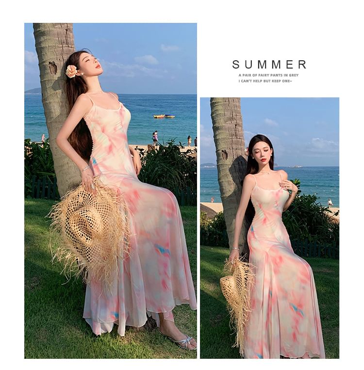 Spaghetti Strap Scoop Neck Tie Dye Maxi Mermaid Dress