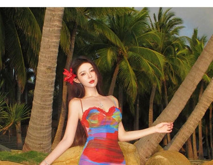 Spaghetti Strap Sweetheart Neckline Tie Dye Lace Trim Ruched Mesh Maxi Bodycon Dress