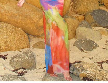 Spaghetti Strap Sweetheart Neckline Tie Dye Lace Trim Ruched Mesh Maxi Bodycon Dress