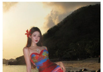 Spaghetti Strap Sweetheart Neckline Tie Dye Lace Trim Ruched Mesh Maxi Bodycon Dress
