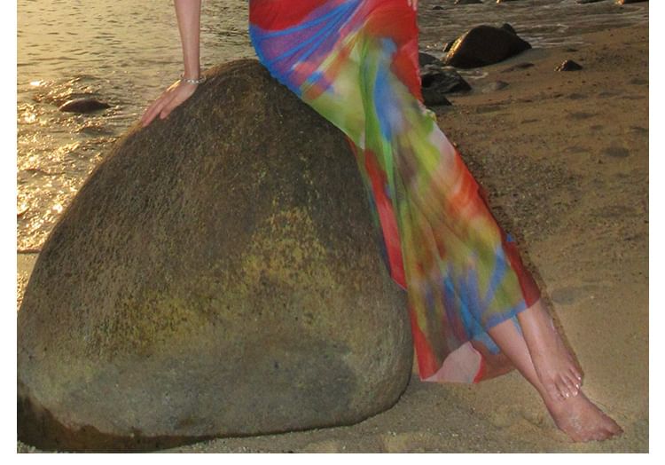 Spaghetti Strap Sweetheart Neckline Tie Dye Lace Trim Ruched Mesh Maxi Bodycon Dress