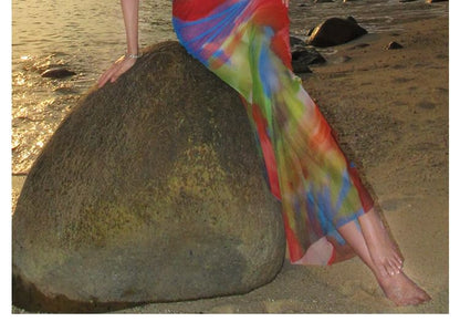Spaghetti Strap Sweetheart Neckline Tie Dye Lace Trim Ruched Mesh Maxi Bodycon Dress