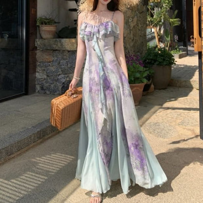 Spaghetti Strap V-Neck Tie Dye Ruffle Trim Maxi A-Line Dress