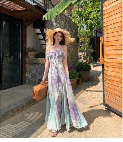 Spaghetti Strap V-Neck Tie Dye Ruffle Trim Maxi A-Line Dress