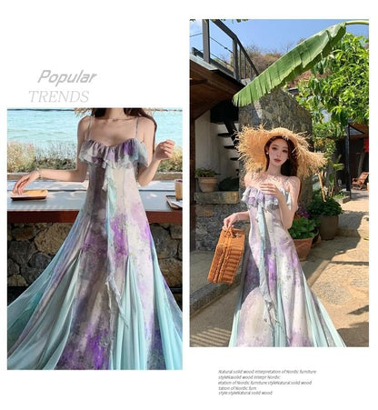 Spaghetti Strap V-Neck Tie Dye Ruffle Trim Maxi A-Line Dress