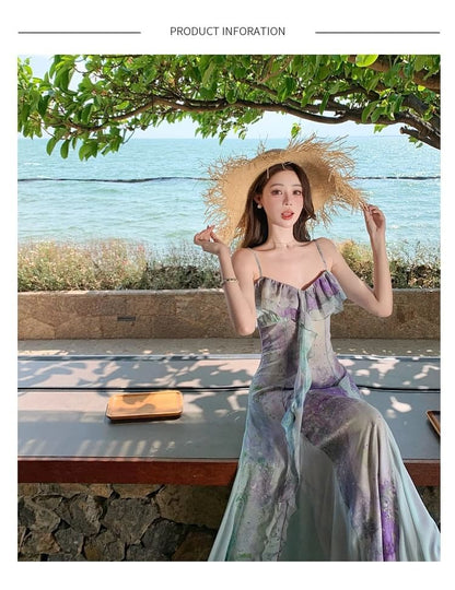 Spaghetti Strap V-Neck Tie Dye Ruffle Trim Maxi A-Line Dress