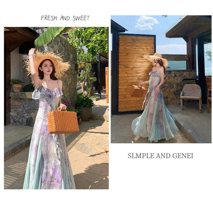 Spaghetti Strap V-Neck Tie Dye Ruffle Trim Maxi A-Line Dress